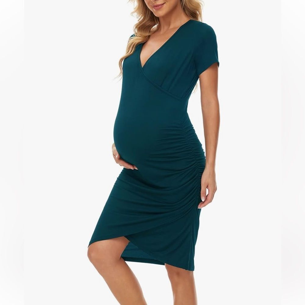 Smallshow Women's V Neck Bodycon Maternity Dress Side Ruched Size Small